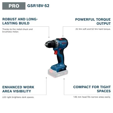 BOSCH GSR 18V-52 PRO – аккумул – обзор и цена Brushless Cordless Electric Drill 18V